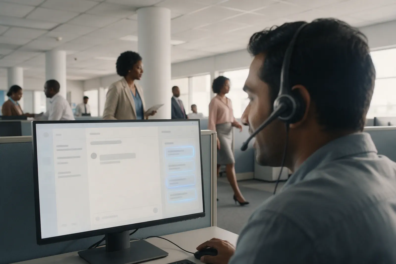 A specialist on a call, with suggested answers shown on the screen beside the conversation