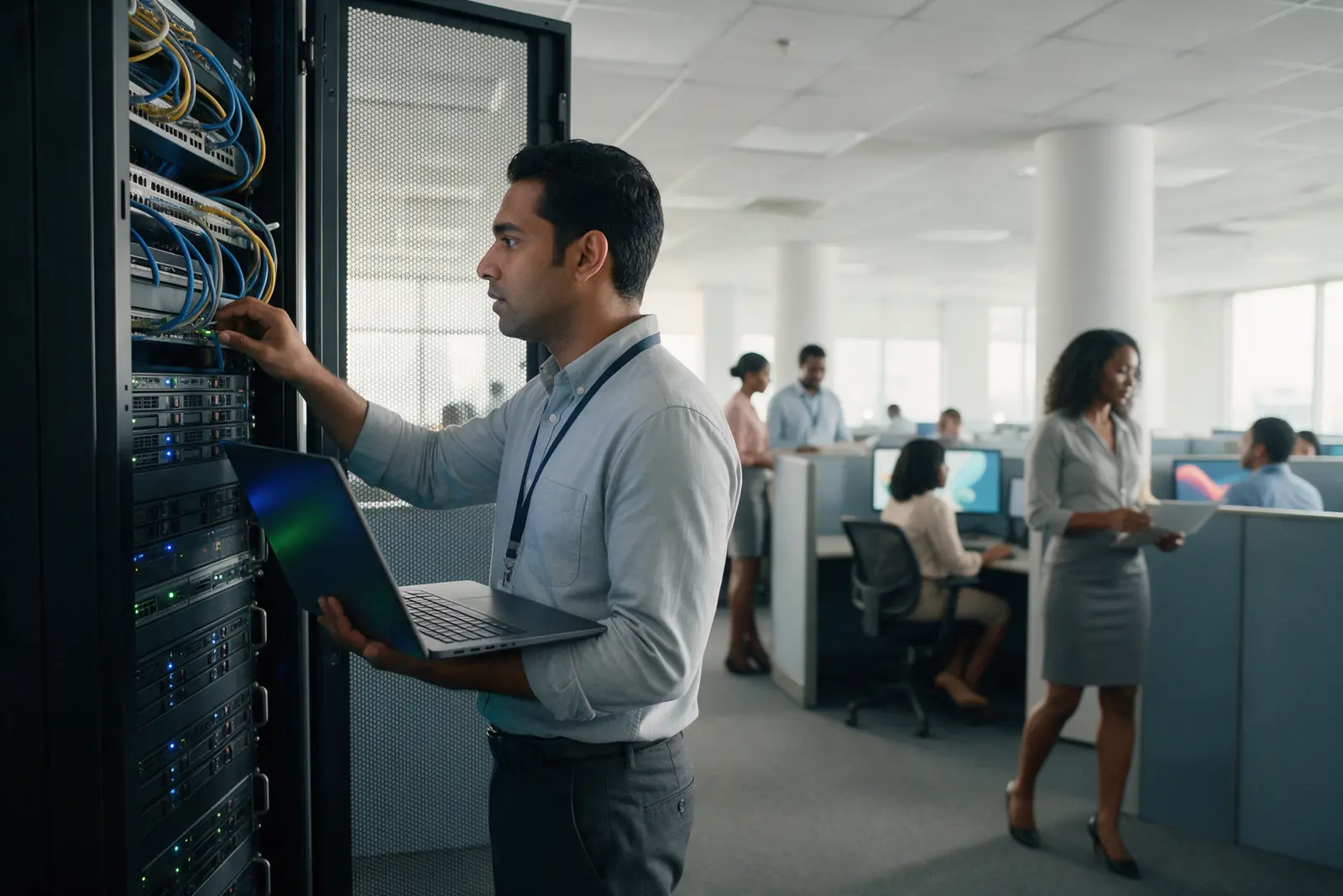 A network engineer checking equipment in a server room