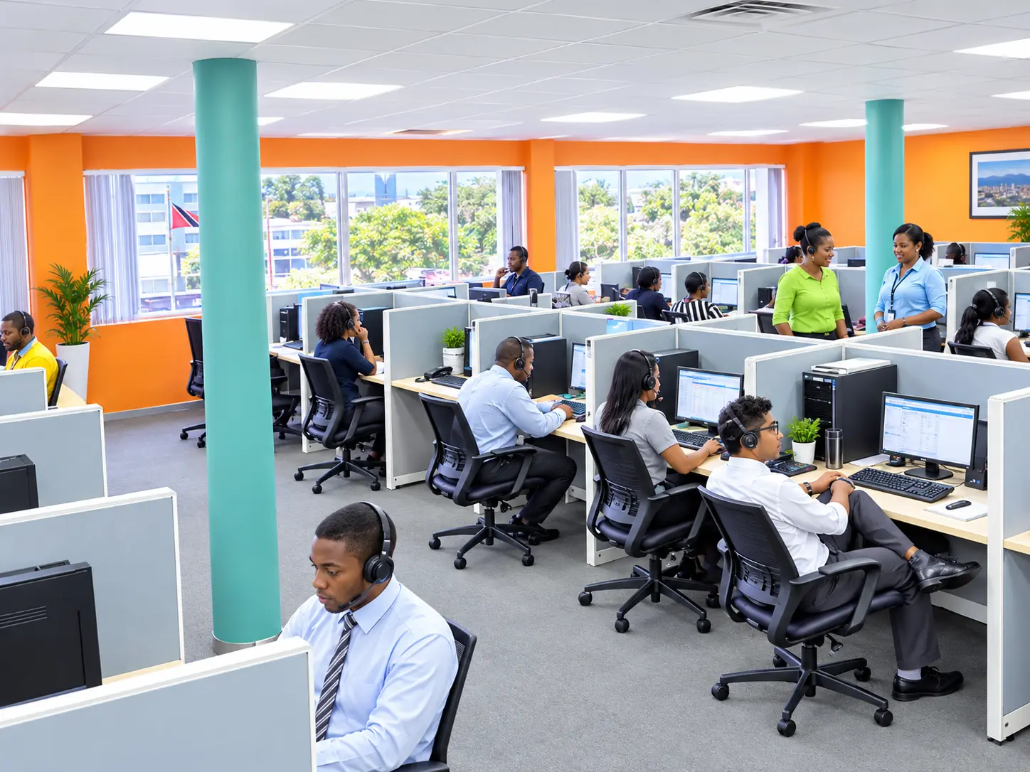 A busy operations floor with agents on calls and the Trinidad and Tobago flag on the wall