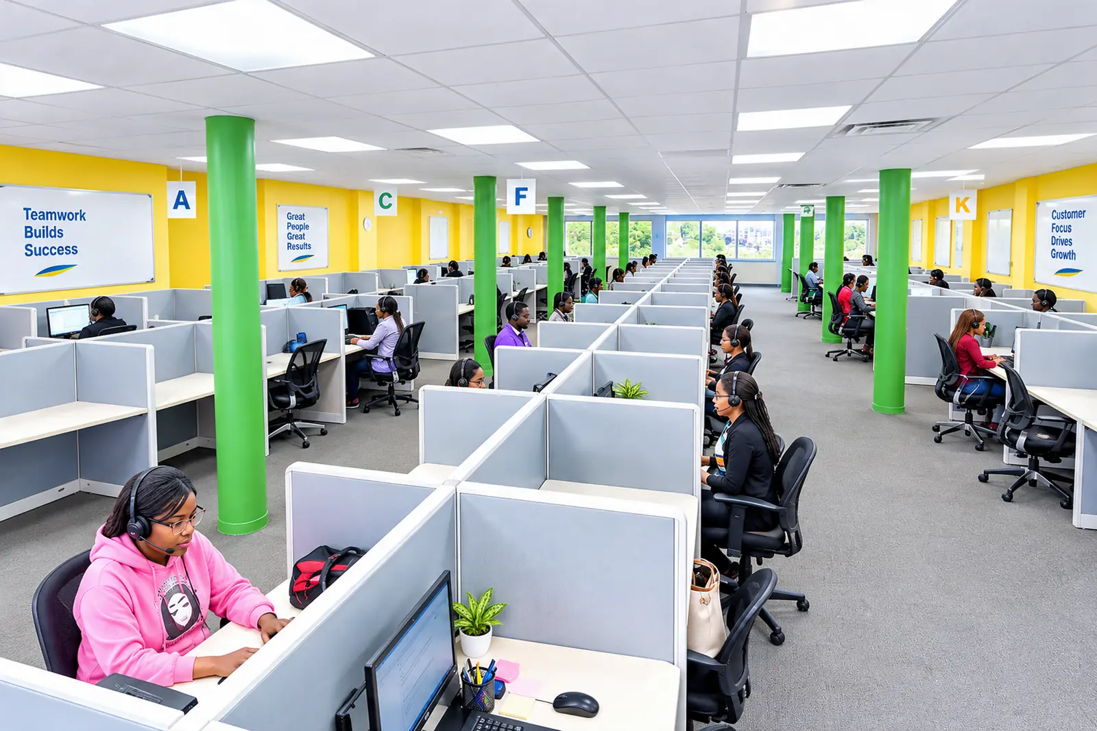 Agents at work across an open operations floor