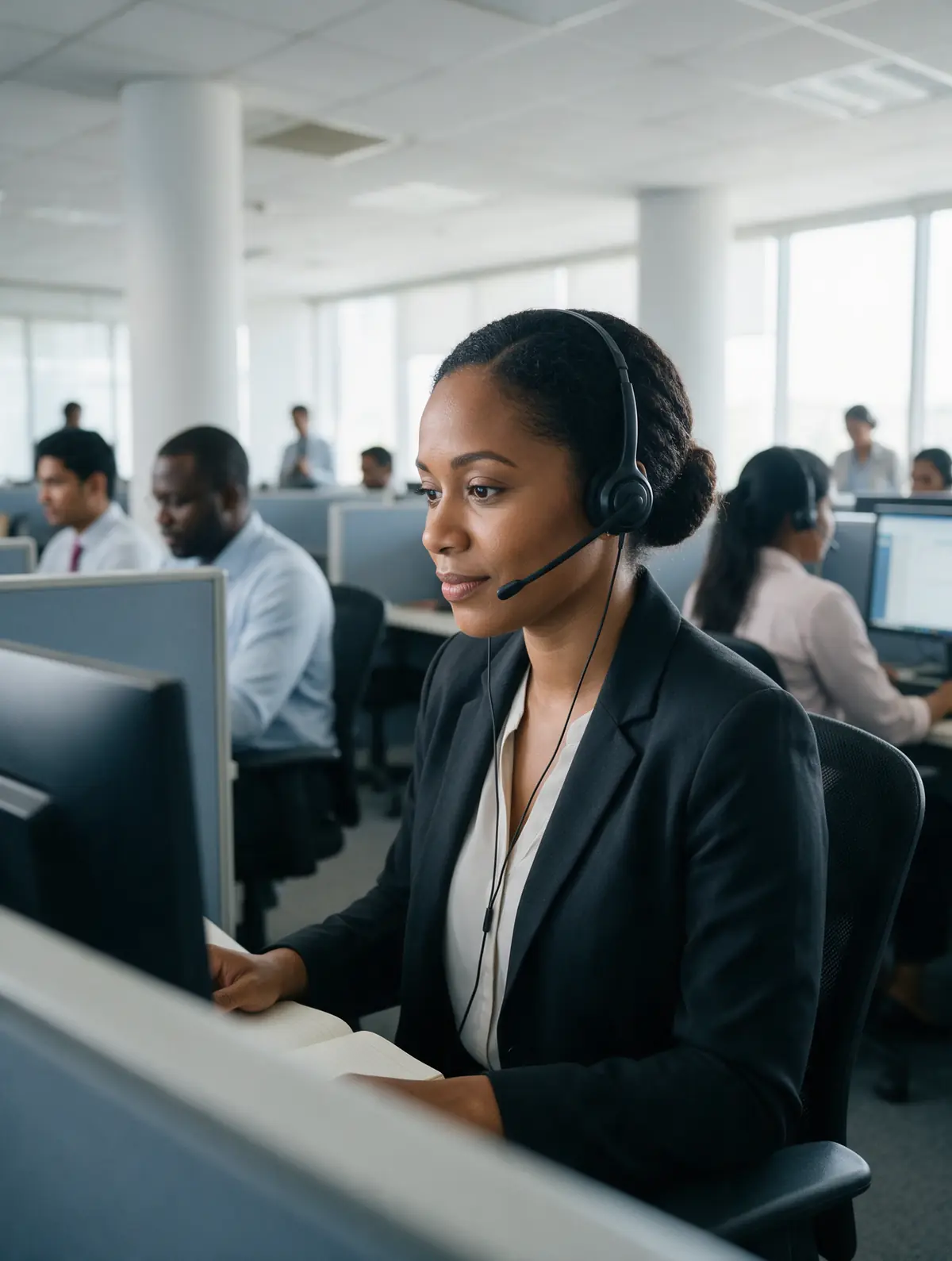 A customer support specialist listening closely to a caller