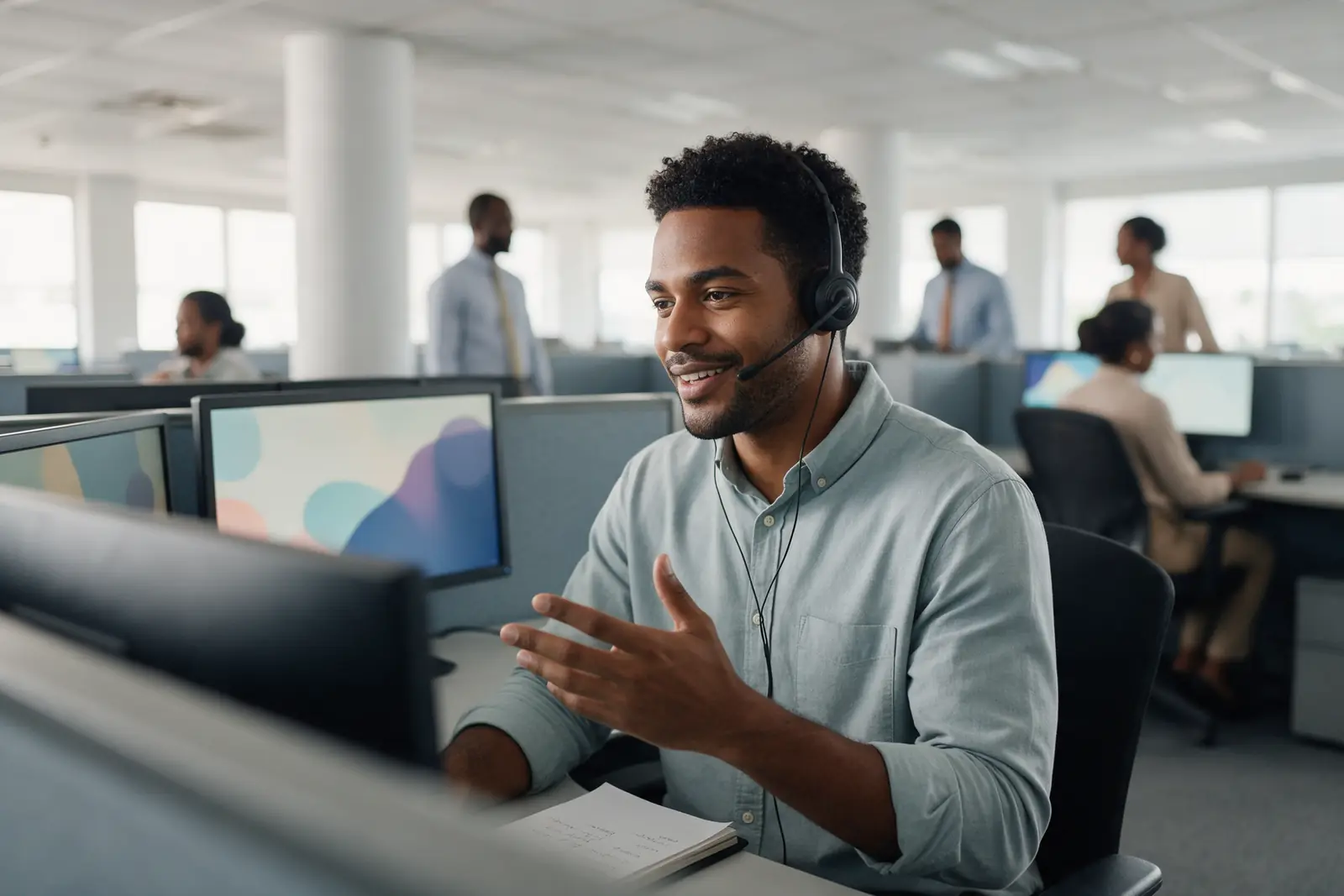 A sales specialist in conversation on a call, smiling