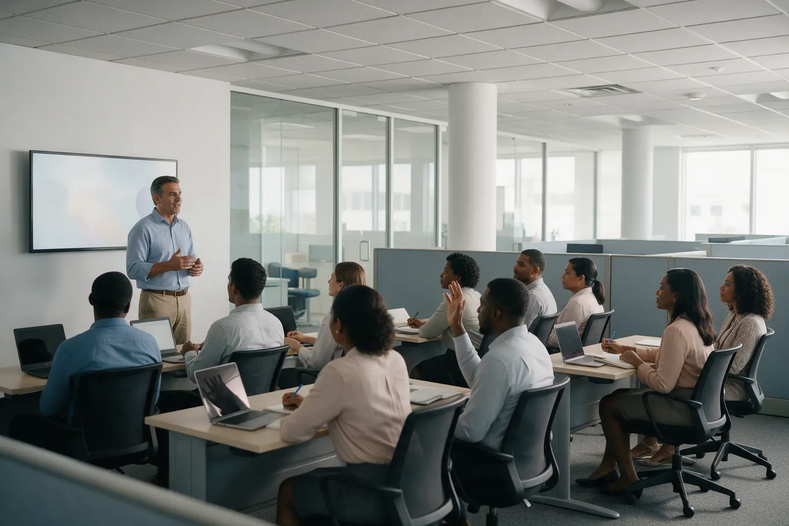 A trainer leading a class of new hires in a training room